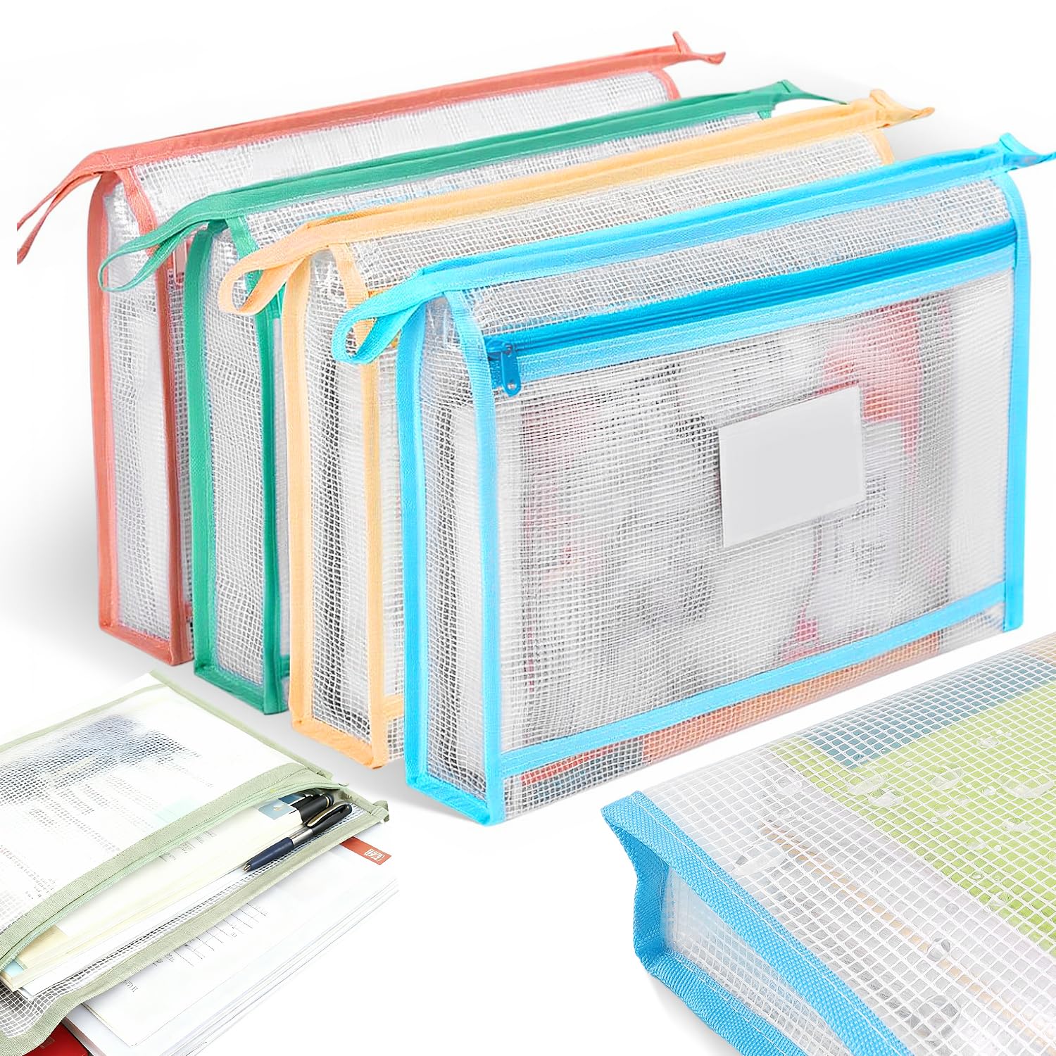 4 Piezas Juego de Bolsas Zip de Doble Capa de EVA, Bolsas con Cremallera Impermeable, Bolsa Zip A4 de Gran Capacidad para Guardar Documentos, Libros y Mucho Más (34 x 24 x 5 CM)