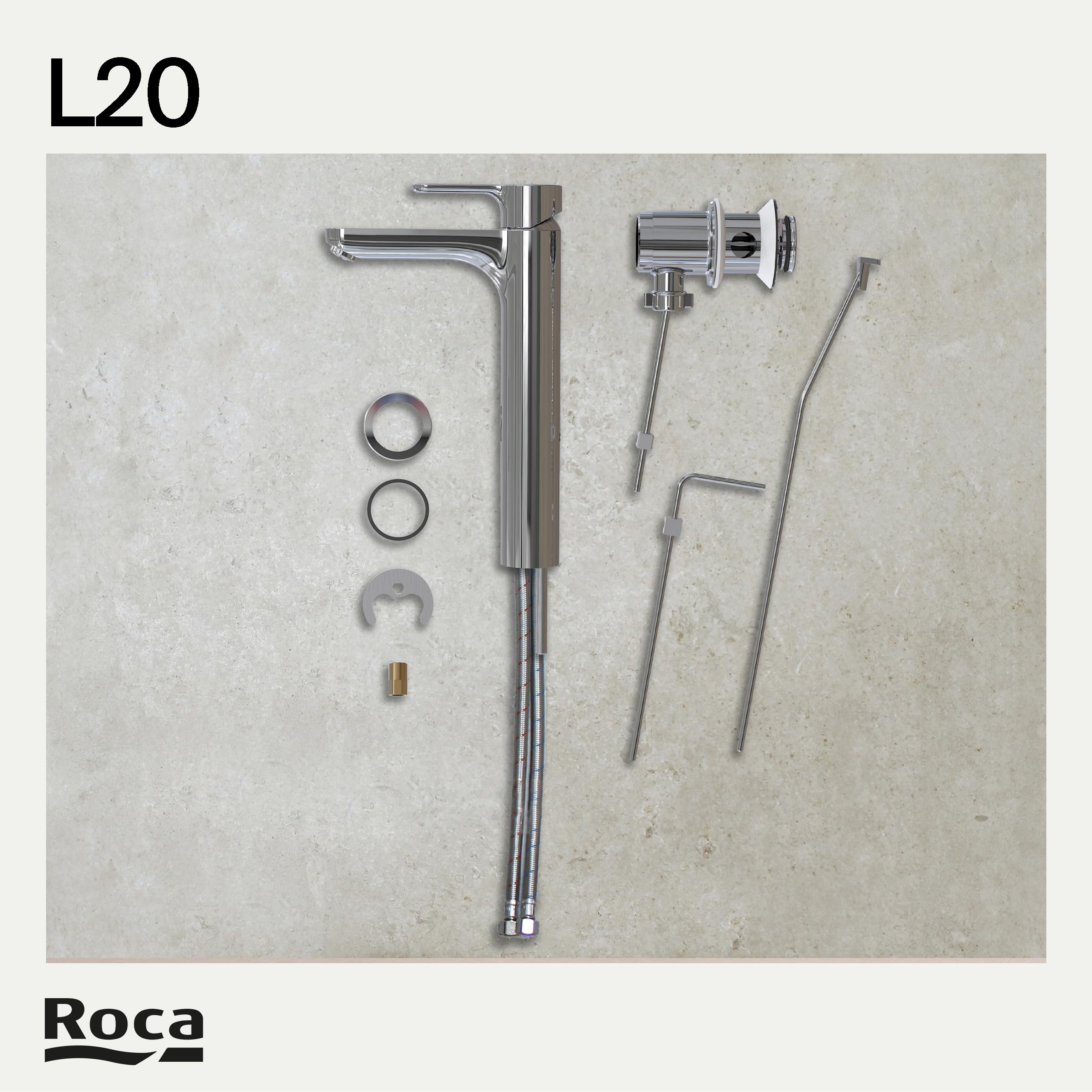 Roca L20 Grifería para lavabo de caño alto con tecnología Cold Start, grifo monomando con enlaces de alimentación flexibles, mezclador con desagüe automático de fácil instalación, cromado, A5A3C09C00