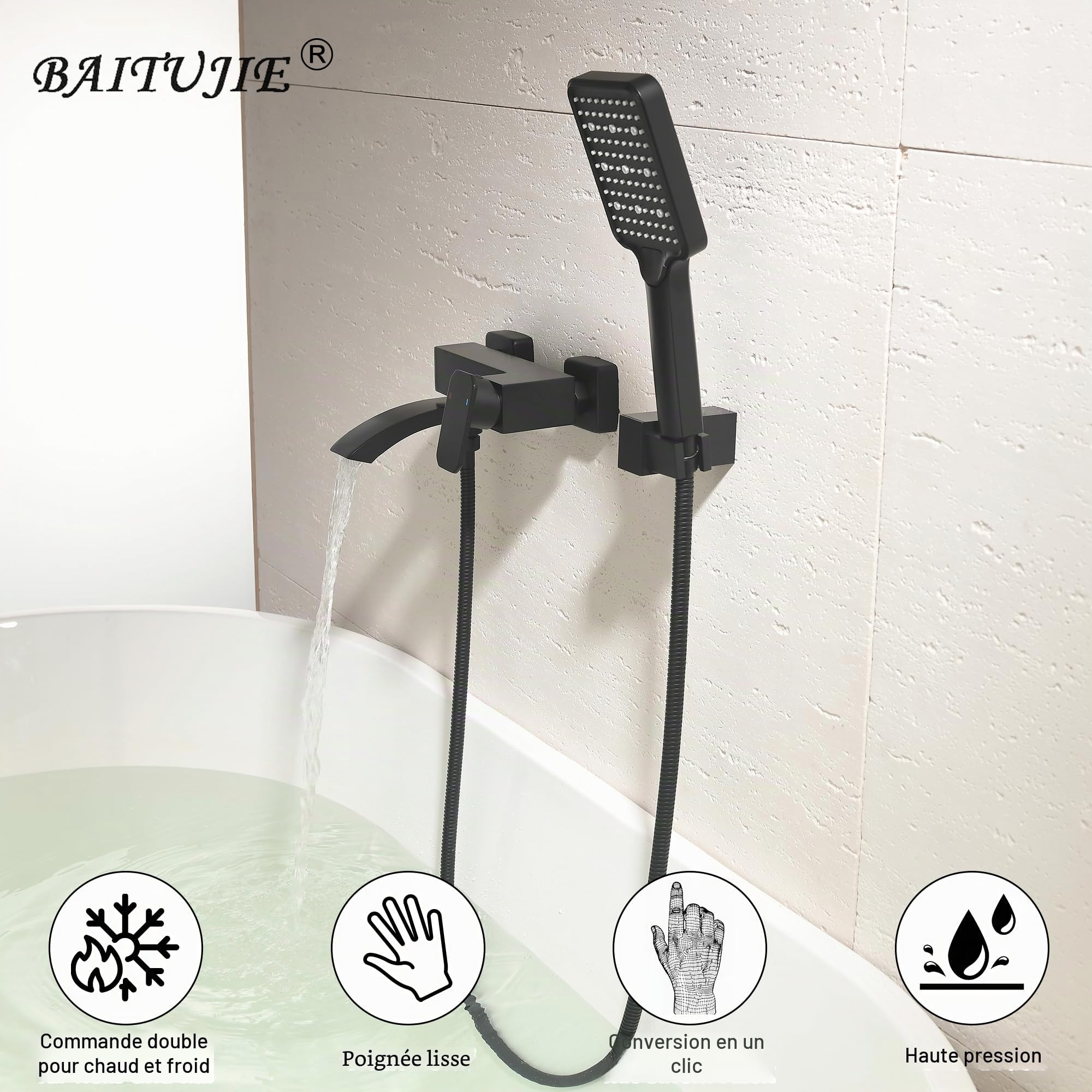 Mélangeur de baignoire avec douche en noir, robinet de baignoire noir en cascade, mélangeur de salle de bain avec interrupteur pivotant à 90°, avec douchette haute pression à 3 fonctions