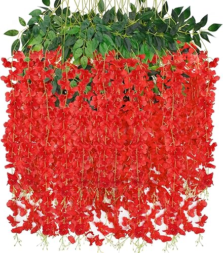 LOYWREE Flores de glicina, 14 unidades, flores colgantes de glicina, flores colgantes artificiales (rojo)