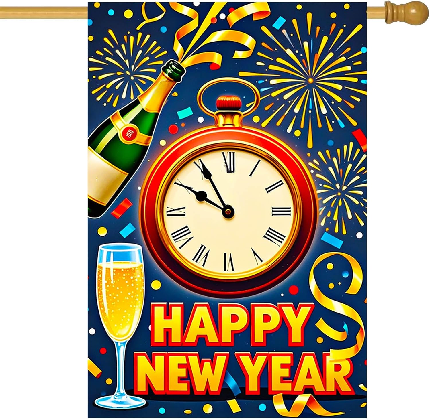 Happy New Year House Flag 28x40 Inch Champagne Bottle Clock and Fireworks Design Garden Flag Colorful Outdoor Yard Decoration Holiday Celebration Banner for Home Porch Lawn