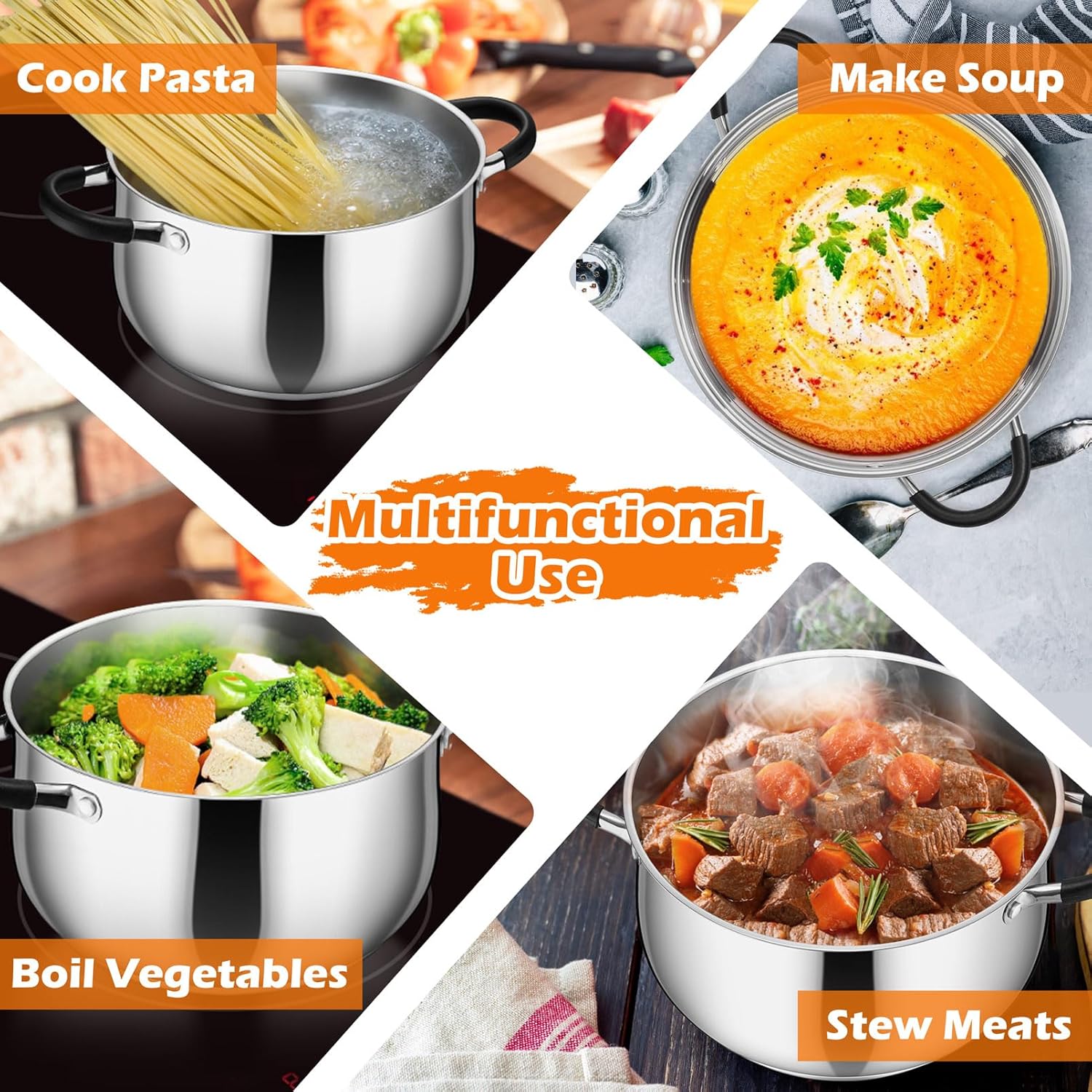 P&P CHEF Stainless Steel Stock Pot, 6 Qt Cooking Soup Pot with Visible Lid for Pasta, Tri-Ply Bottom & Dual Heatproof Handles, For Induction Gas All Stoves, Non-Toxic & Dishwasher Safe - Image 5