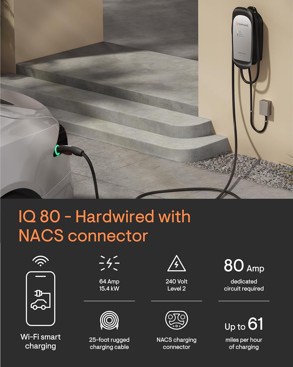 NACS Connector 64 Amp Hardwired EV Charger - Enphase IQ 80, Level 2 Smart Charger with Wi-Fi, Safety Certified, Indoor/Outdoor, 25ft Rugged Cable, Charges Tesla Electric Vehicles