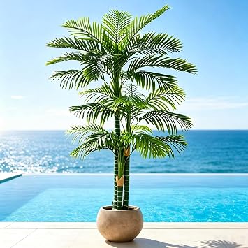 6FT Artificial Golden Cane Palm Tree, Potted Faux Trees | UV Resistant Indoor/Outdoor Fake Plant with Black Pot, Realistic Tropical Decor for Patio, Living Room, Office