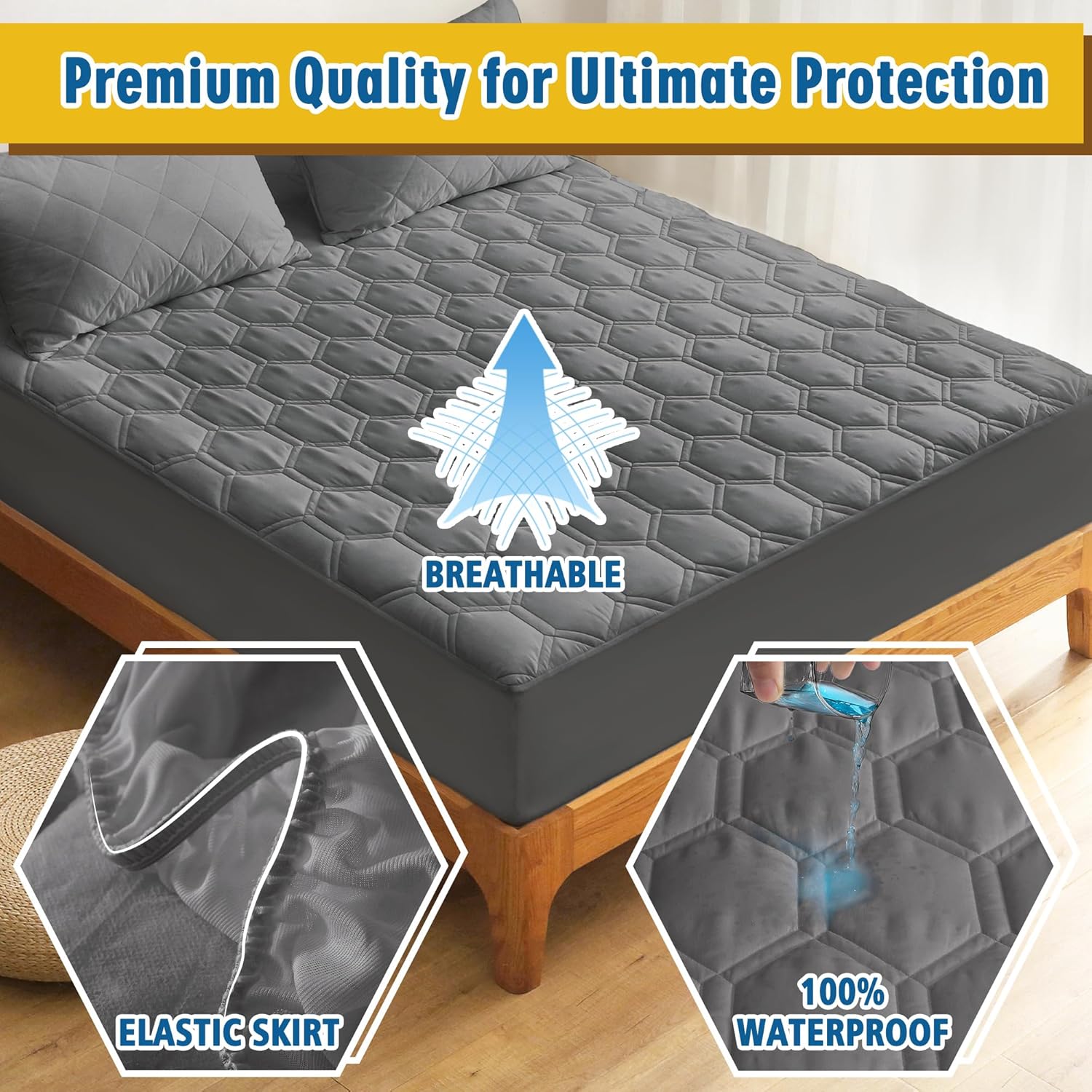 Waterproof Mattress Pad King Size, Breathable Mattress Protector with 6-18” Deep Pocket, Gray