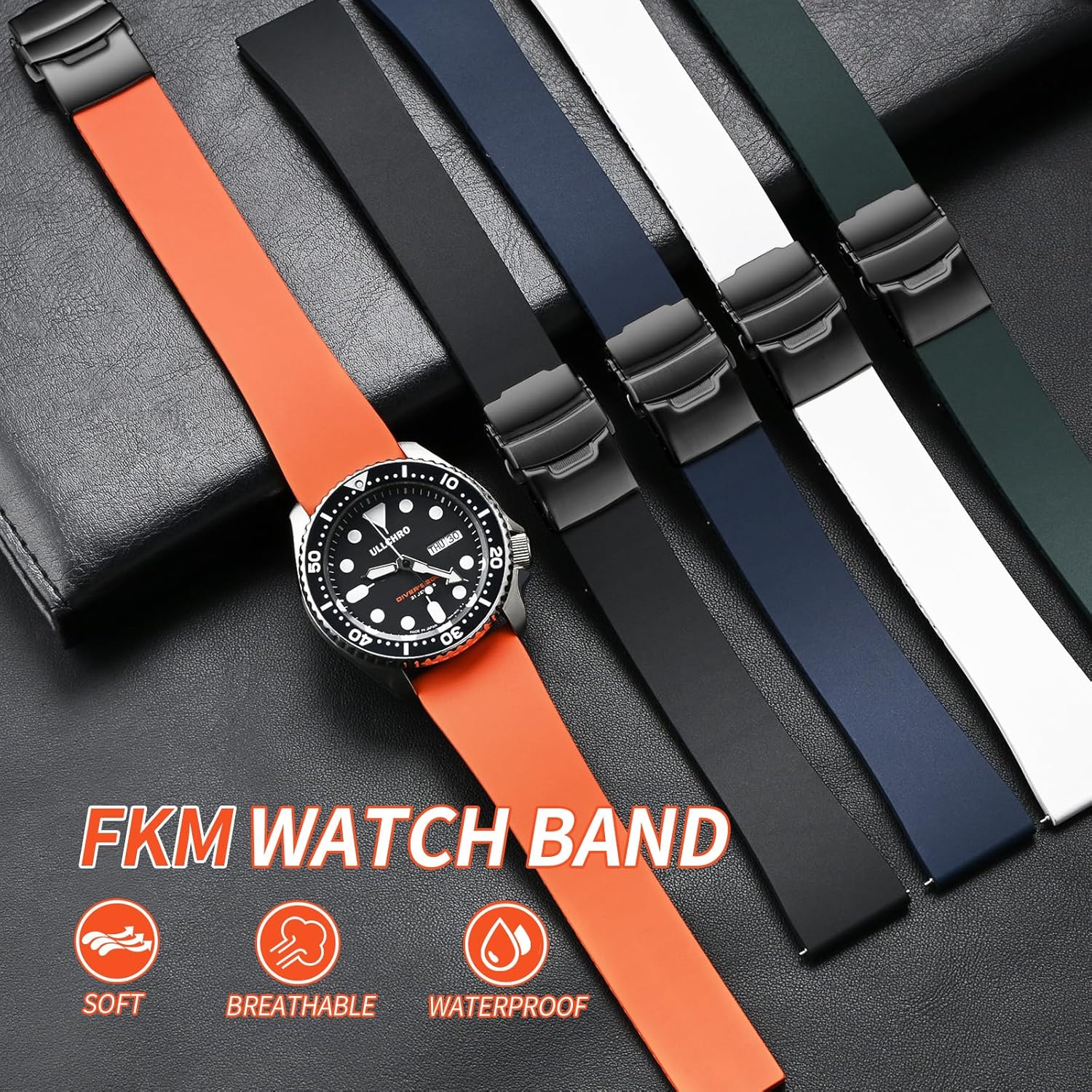 ULLCHRO Fluororubber Watch Strap - Fast Release Cut-to-Size 18mm 19mm 20mm 21mm 22mm FKM Rubber Watch Band with Buckle Soft Universal Waterproof Replacement Band Strap for Men Women - Image 2