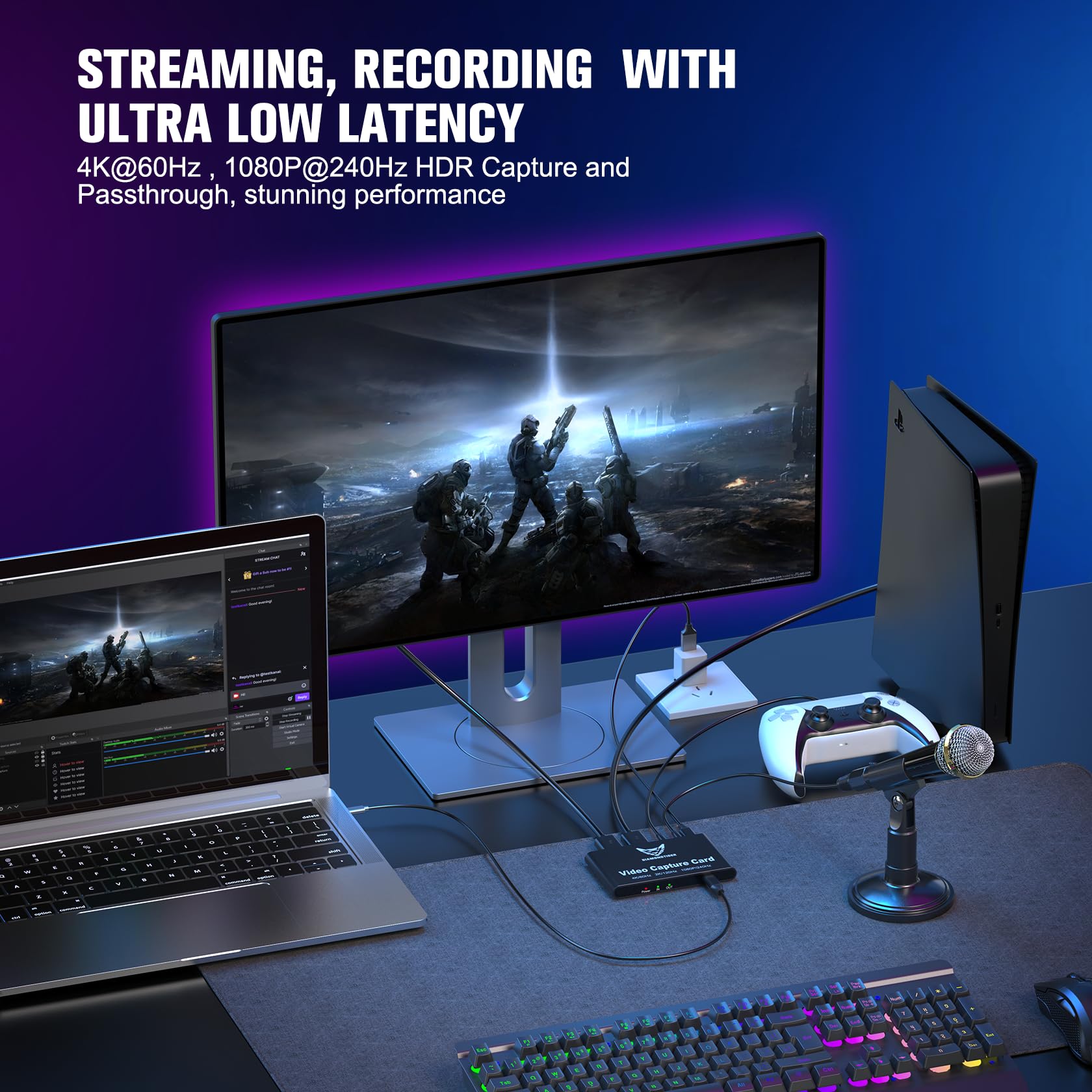 Tarjeta de captura HDMI para streaming y grabación, 4K a 60Hz, 1080p a 240Hz, HDR VRR Passthrough casi cero latencia para PS5, Xbox Series X/S, Nintendo en OBS, Twitch, YouTube