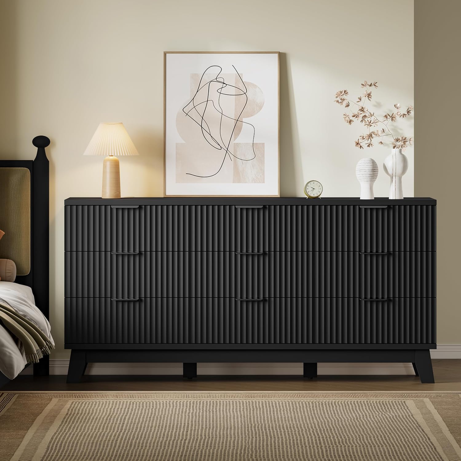 BORNOON 63" Long Dresser for Bedroom, 9-Drawer Fluted Dresser, Extra-Wide Wood Chest of Drawers with Smooth Metal Slides, Stable Base, Modern Clothes Storage Cabinet for Living Room, Hallway, Nursery