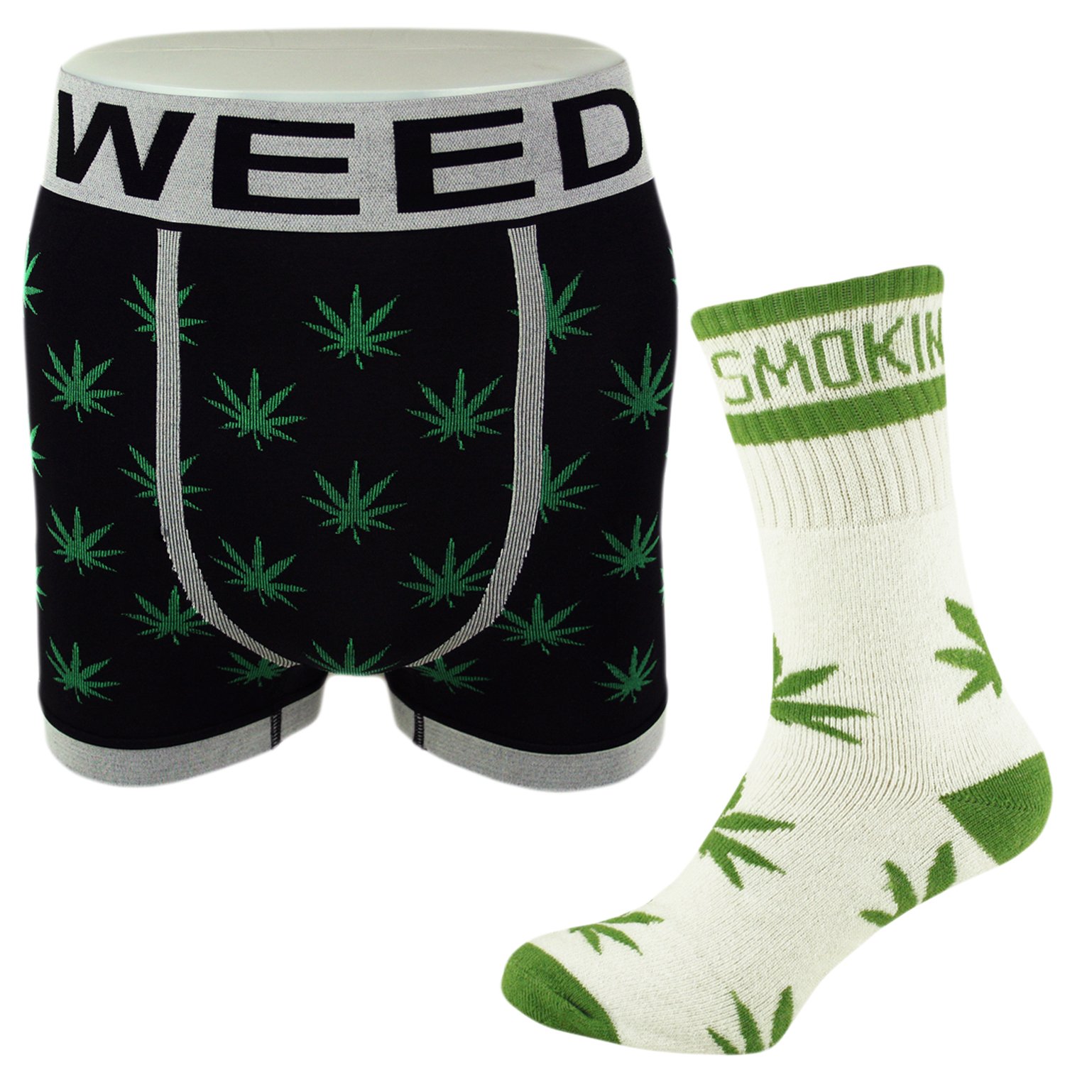 Itzu Men's 1 Black Boxers / 1 White Lime Socks Boxer Shorts Briefs Trunks And Highlife Socks Ganja Weed Leaf Print Calf Hi Socks Set Uk 6-11 (Medium (W33/35), )