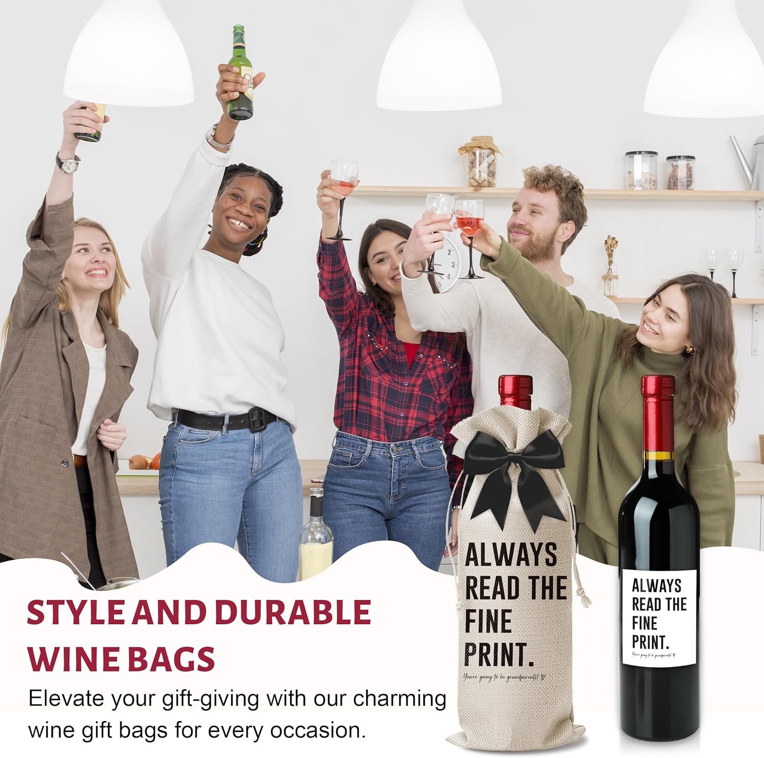 Funny Pregnancy Announcement Wine Bag, Grandparents Baby Announcement Ideas, New Mom Dad Gifts for Pregnancy Reveal, Always Read The Fine Print Wine Bottle Gift Bags with Black Bow-B07 - Image 6