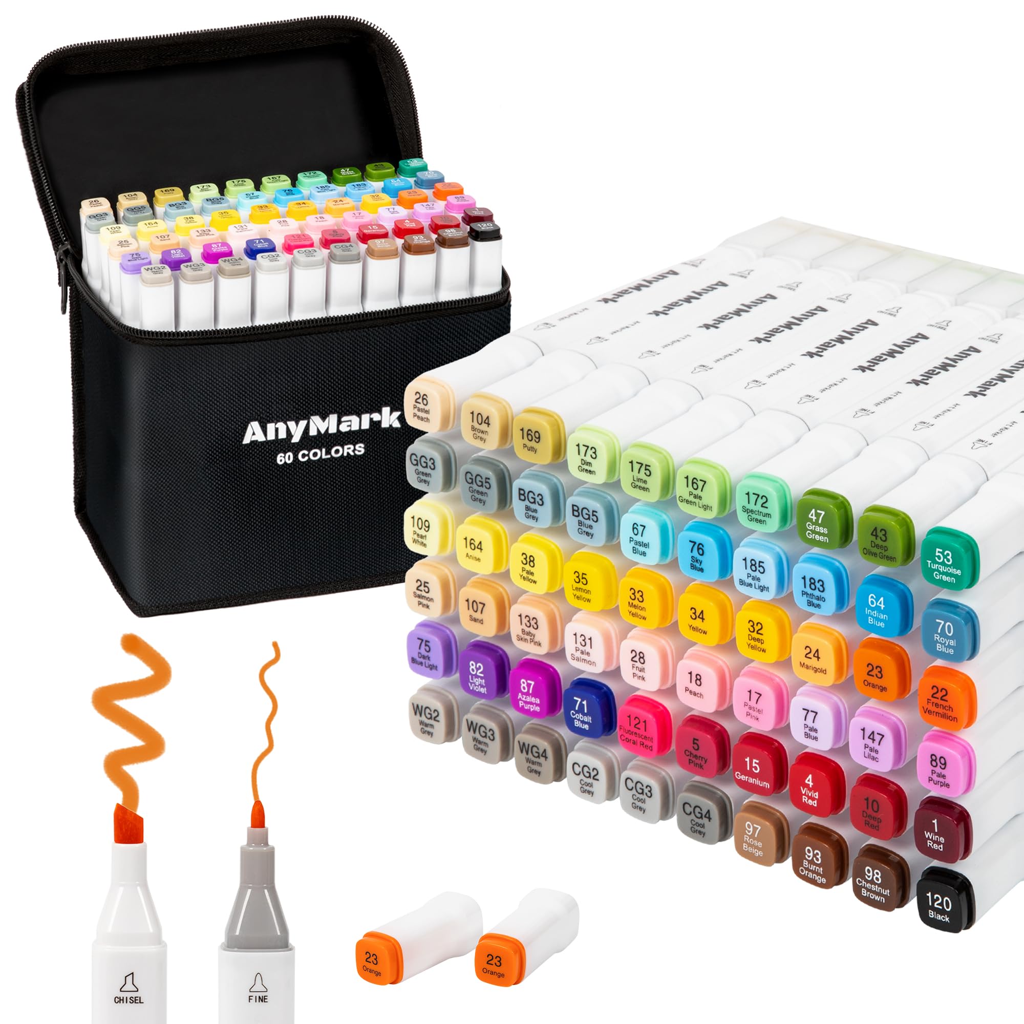 AnyMark60 Colours Alcohol-Based Colouring Pens for Adults with Dual Tips, Chisel & Fine Tips Alcohol Markers Set for Drawing, Sketching