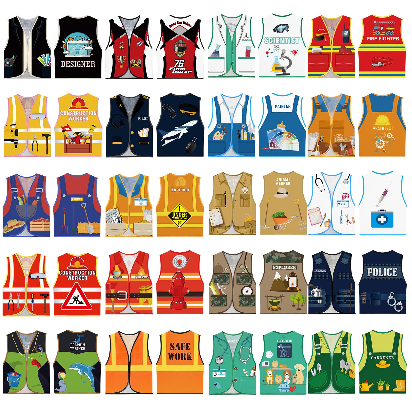 20 Pcs Kids Dress up Vests Set, Community Helper Cosplay Costumes Bulk, Toddlers Role Play Career Clothes for Halloween Pretend Farmers Doctor Fireman Police Nurse Postman