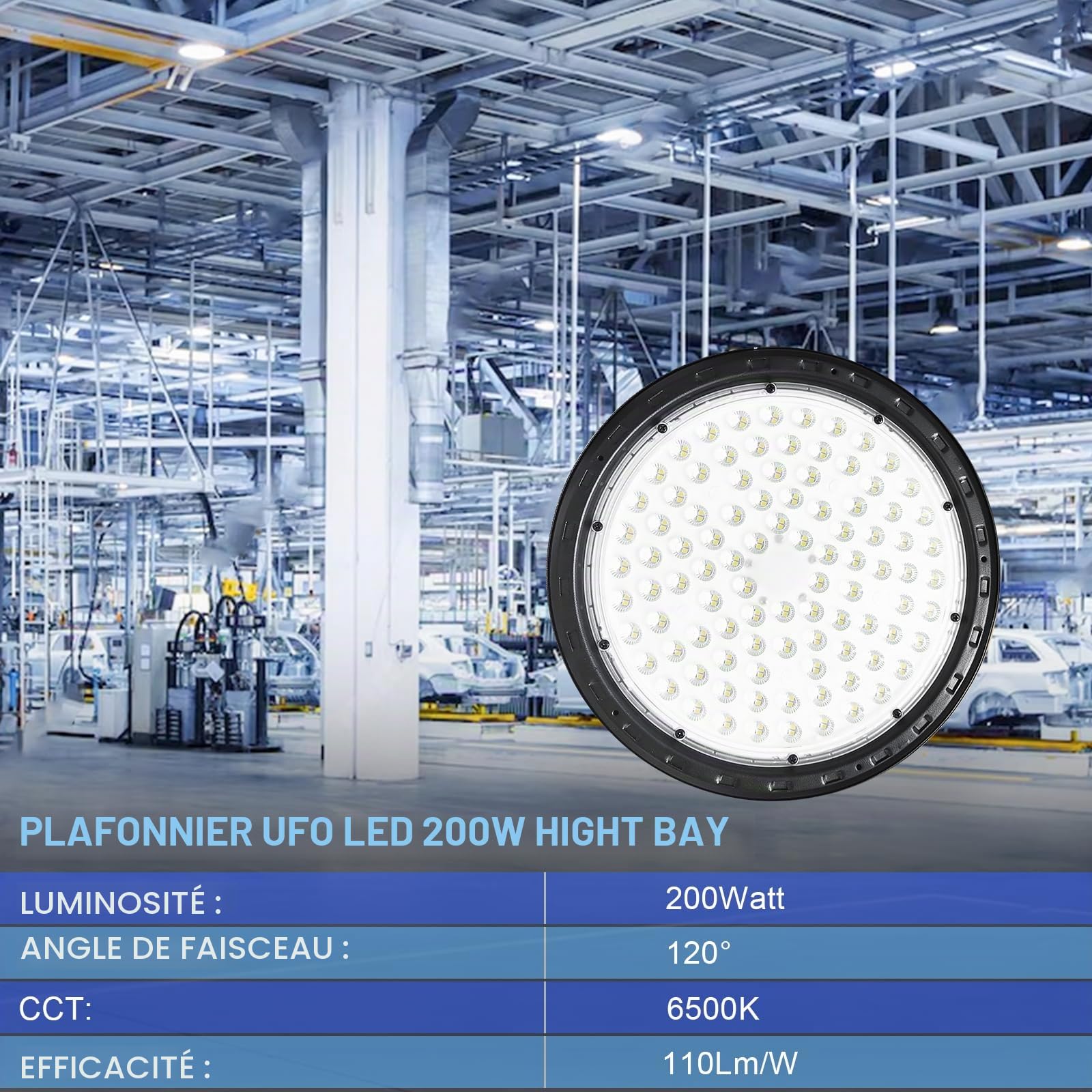 200W UFO High Bay Lumière, Lampe Eclairage Atelier, 20000LM Projecteur LED Industriel, 6500K Éclairage Garage IP66, pour Parking, Chantier, Entrepôt, Usine, Cour