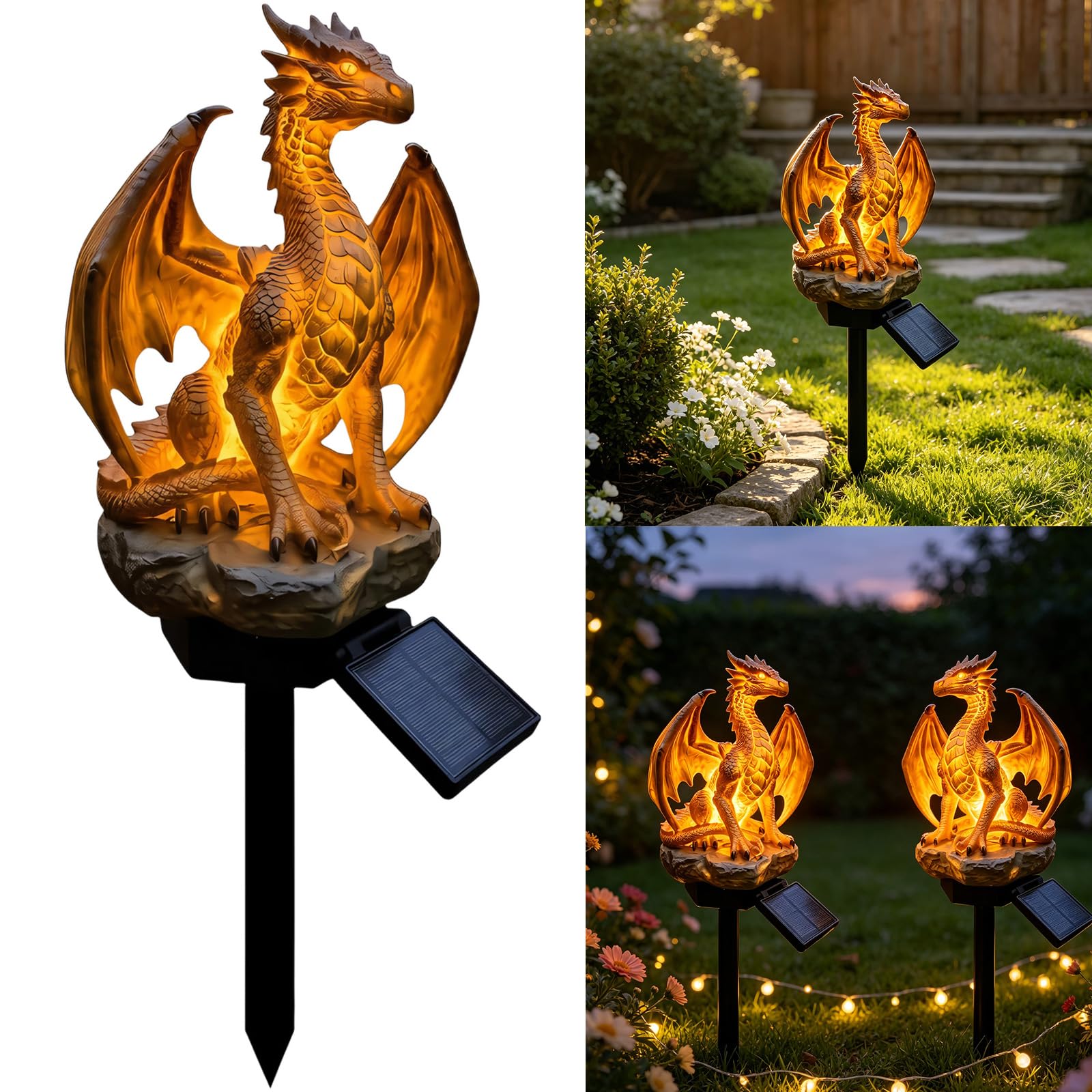 Solare in Resina con Statua da Giardino del Drago, 2 Pieces