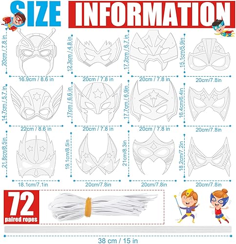 Miniatura 2 de Sosation 72 máscaras de héroe para colorear tu propio héroe, máscaras de papel para manualidades, regalo de grafiti en blanco con cuerdas para