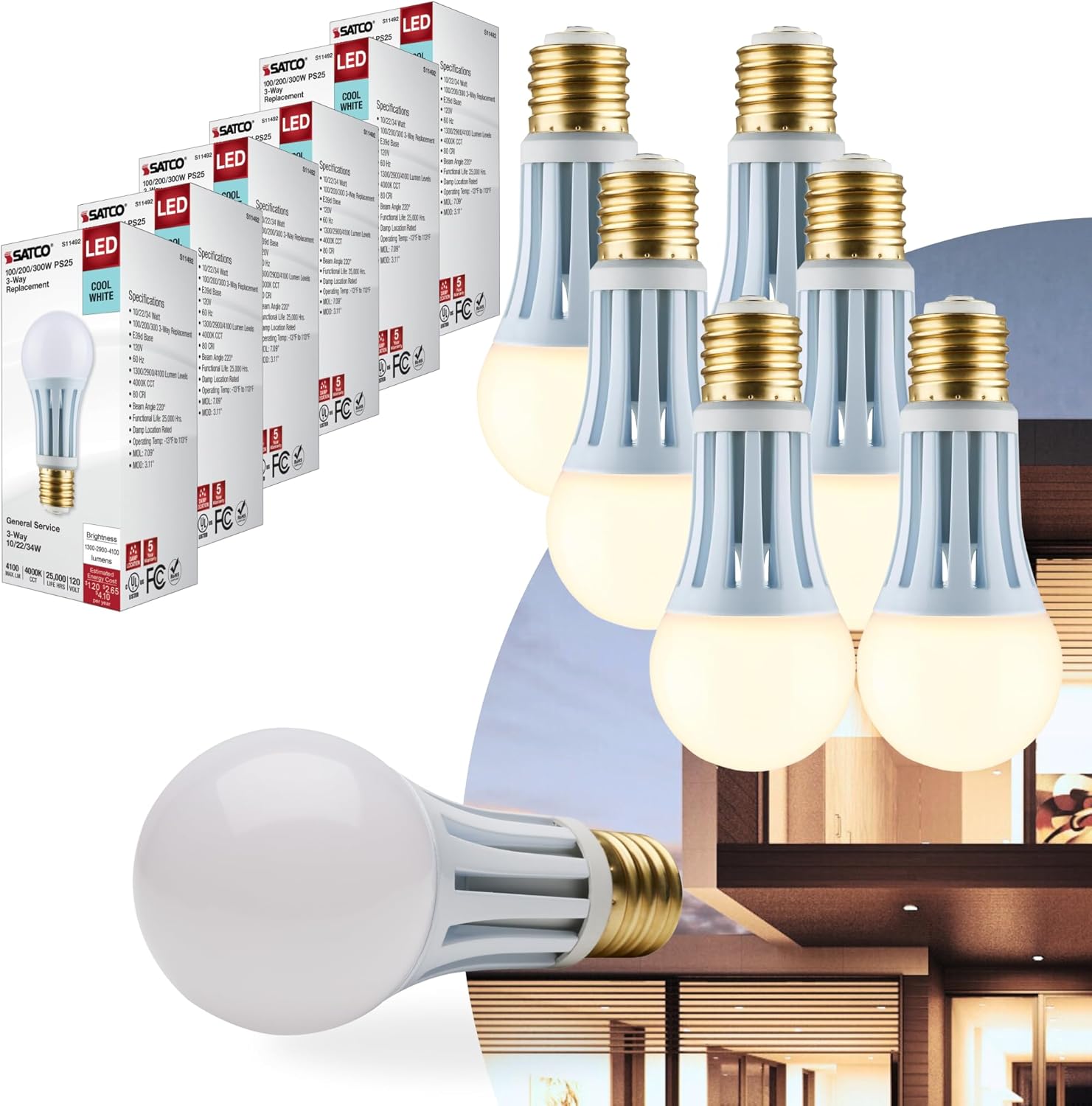 Satco #S11492; 10/22/34 Watt PS25 LED Three-Way Lamp; E39d Mogul Base; 4000K; White Finish; 120 Volt for Commercial and Residential, Stores, Homes, Hotels, Properties, Contactors (6 LED Light Bulbs)