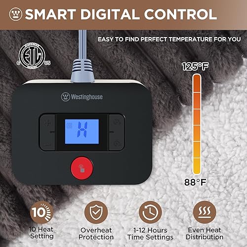 Miniatura 2 de Westinghouse Manta térmica eléctrica tamaño Queen, 10 niveles de calor, apagado automático de 1-12 horas, calentamiento rápido, lavable a máquina,