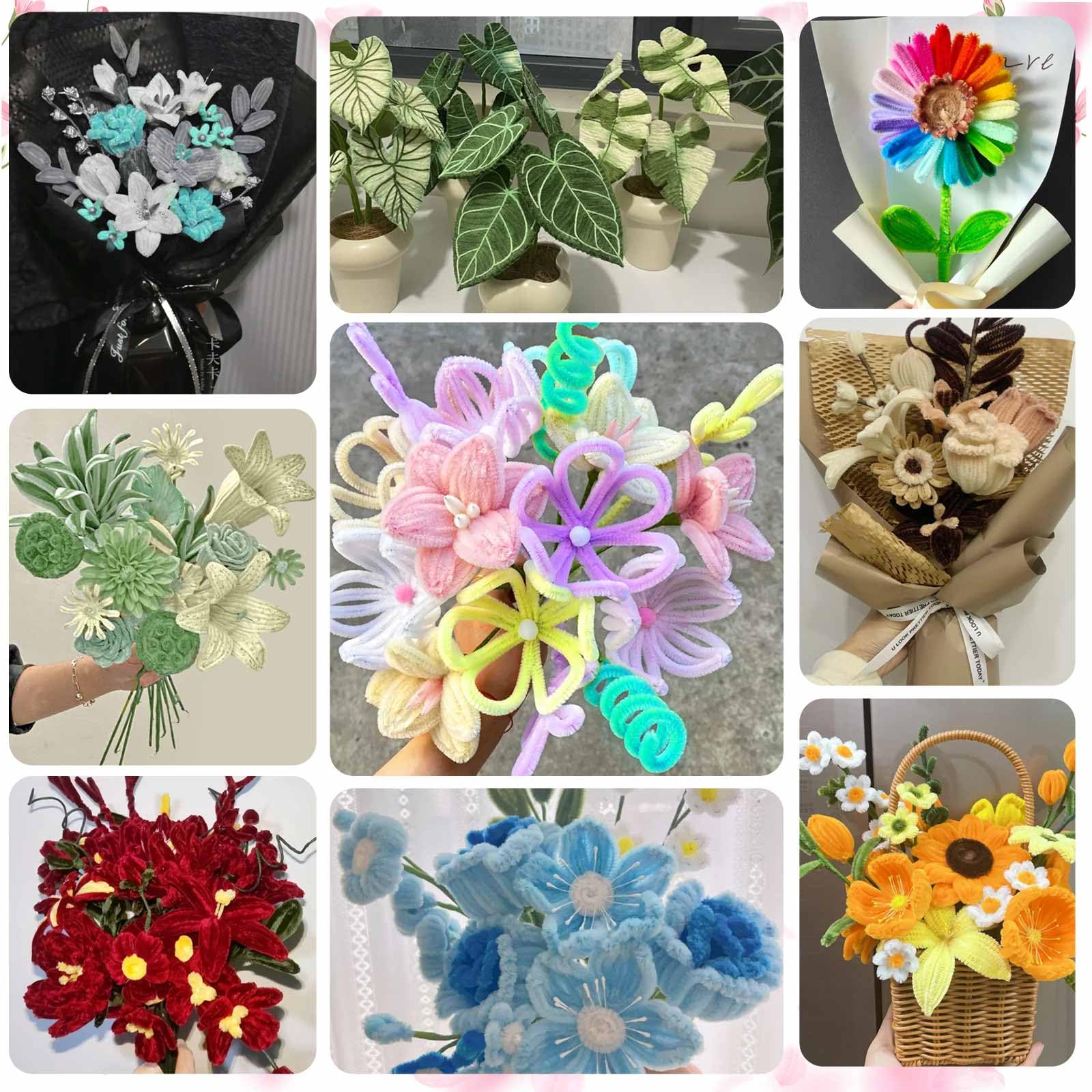 Peryiter Pfeifenreiniger, flauschige Chenille-Stiele mit 50 Blumenstielen, 4 Klebeband und 350 Staubblättern für Bastelprojekte, kreative Geschenkverpackungen, Party-Dekorationen, 3600 Stück, 3600