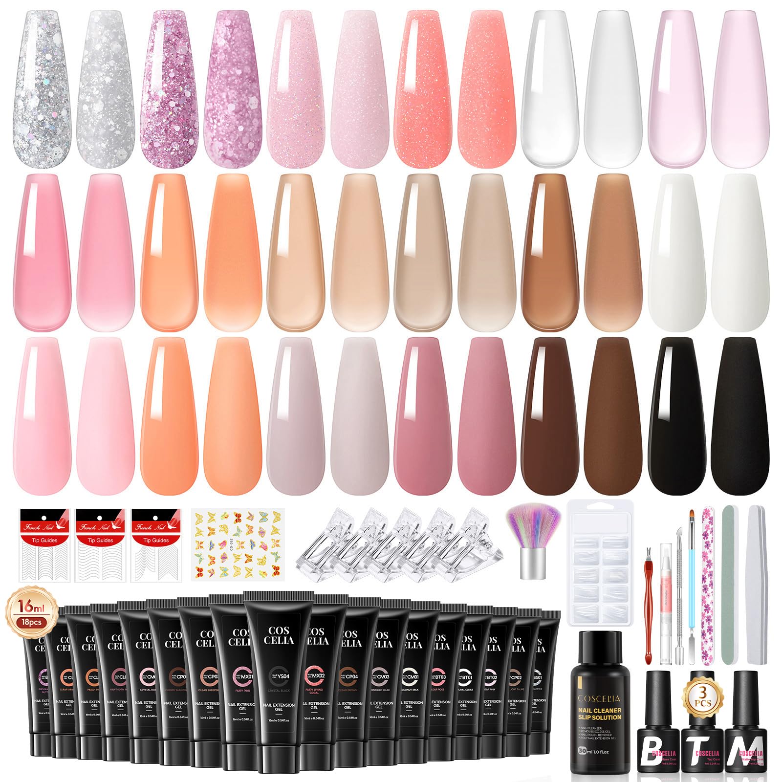 COSCELIA Poly Nail Ongle Gel Kit 40pcs, 18 x 16ML Professionnel Poly Extension Tube Gel avec Base et Top Coat Faux Ongles, 30ml Slip Solution Nail Art Outil