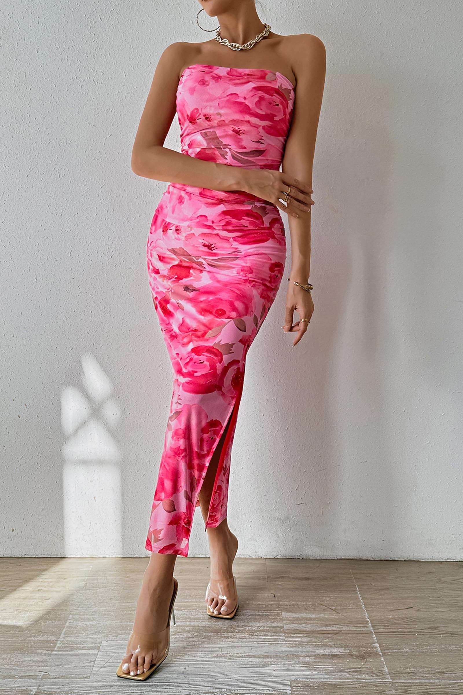 PRETTYGARDEN Women's Summer Maxi Bodycon Dresses Strapless Tube Top Printed Long Party Club Slit Dress