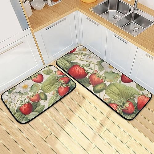 Miniatura 7 de Alfombrillas de cocina de fresa y flor, 2 piezas para piso, alfombras de cocina de pelo bajo, acolchadas, absorbentes, cómodas, para fregadero de