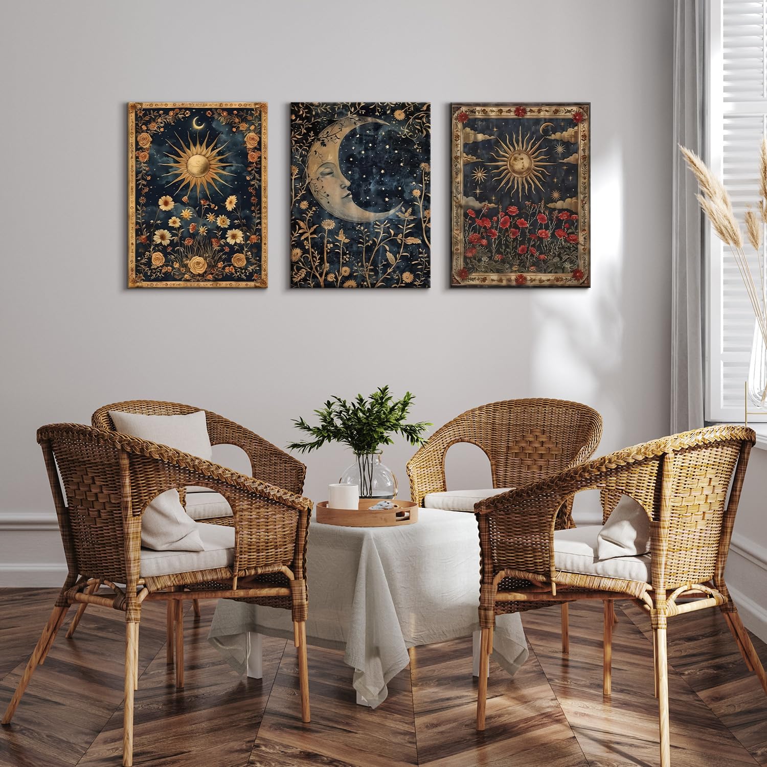 Dazzlewall 3er Set Vintage Boho Gothic Wandkunst, Sonne & Mond Tarotkarten Blüten Geheimnisvolle Okkulte Wandbilder für Schlafzimmer Wohnzimmer Mit Rahmen 30x40 cm