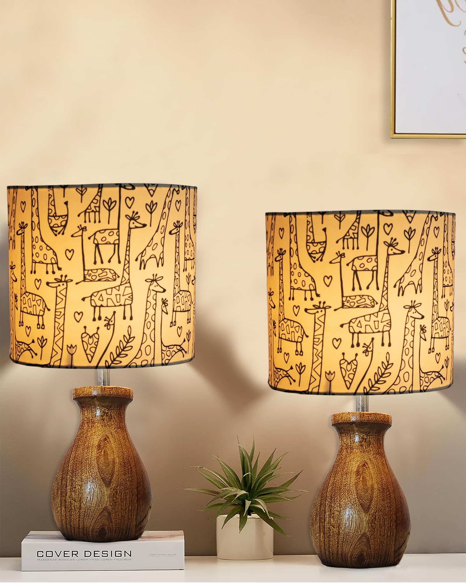 Homesake® Set of 2 Dovel Pot Modern Table Lamp, Bedside Desk Nightstand, Bedroom Living Room, Night Lamps Rustic Wooden Horse Base for Décor,|Bulb Included| Accent Light, Shade, (Savanna)