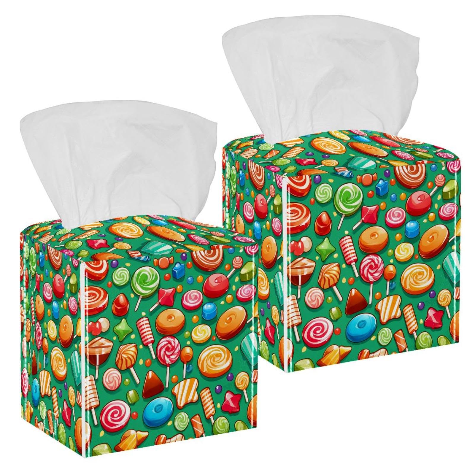 Green Candy Tissue Box Cover, 2 Pack PU Leather Square Facial Tissue Dispenser Box holder for Home Office Car