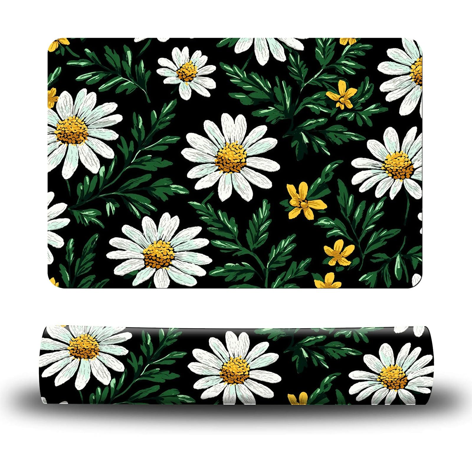 Dikoer Dog Food Mat, 15.7" x 23.6" Absorbent Pet Feeding Mat for Food and Water, Waterproof Diatom Mud Pet Placemat with Non-Slip Rubber Backing, Cat Bowl Mat for Floors - White Daisy Green