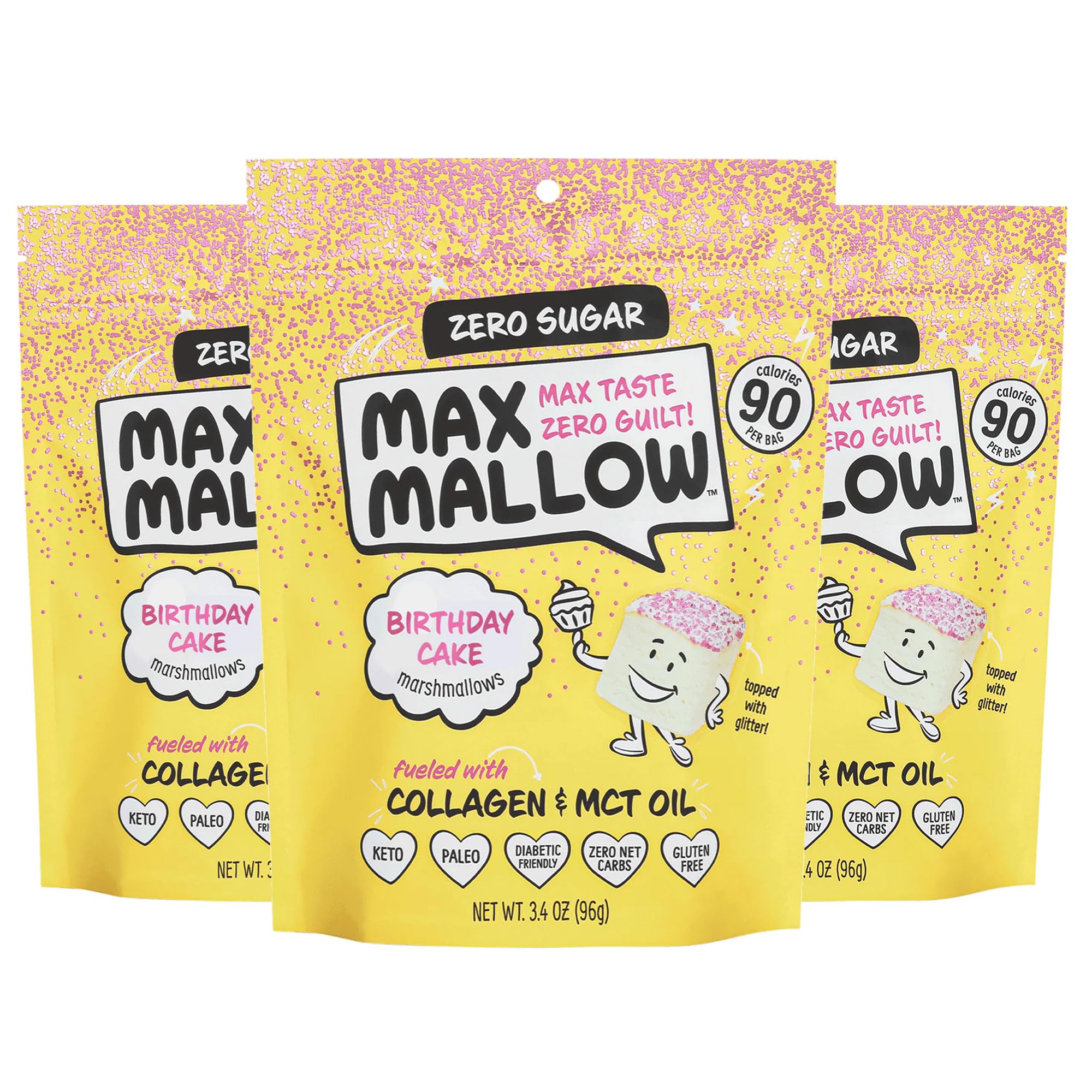 Max Mallow Sugar Free Marshmallows - Keto Friendly, Perfect for S'mores, Hot Chocolate, and Baking with Zero Sugar Snacks, Smores Mct Oil Zero Sugar Marshmellow Marshmallow Birthday Cake, 3 Pack