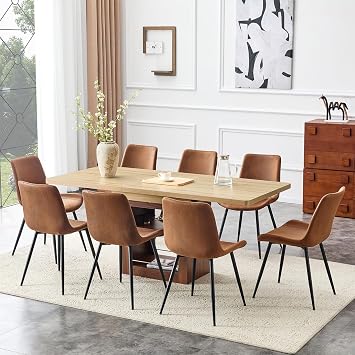 Extendable Dining Table Set with Storage, 59-71 Inch Telescopic Table for 4-8 People, 8-Piece Set with Brown Fabric Chairs, Modern Walnut Finish Kitchen Table with Shelves for Apartment Home