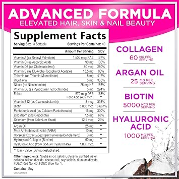 Hair Vitamins for Women for Hair Growth - Argan-Infused Supplement with Collagen, Biotin and Hyaluronic Acid - Supports Faster Hair Growth, Skin & Nails Beauty Vitamins, Bottled in USA - 120 Softgels