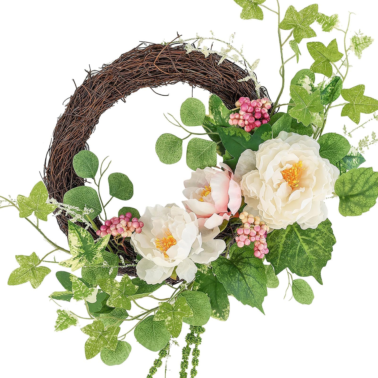 Hometrance Spring Wreath for Front Door, Half Circle Surrounded by Cream & Pink Peony, 18 Inch Outdoor Summer Wreath, Farmhouse Indoor Decor, Flower Wreath for Wedding Home Wall Window Porch