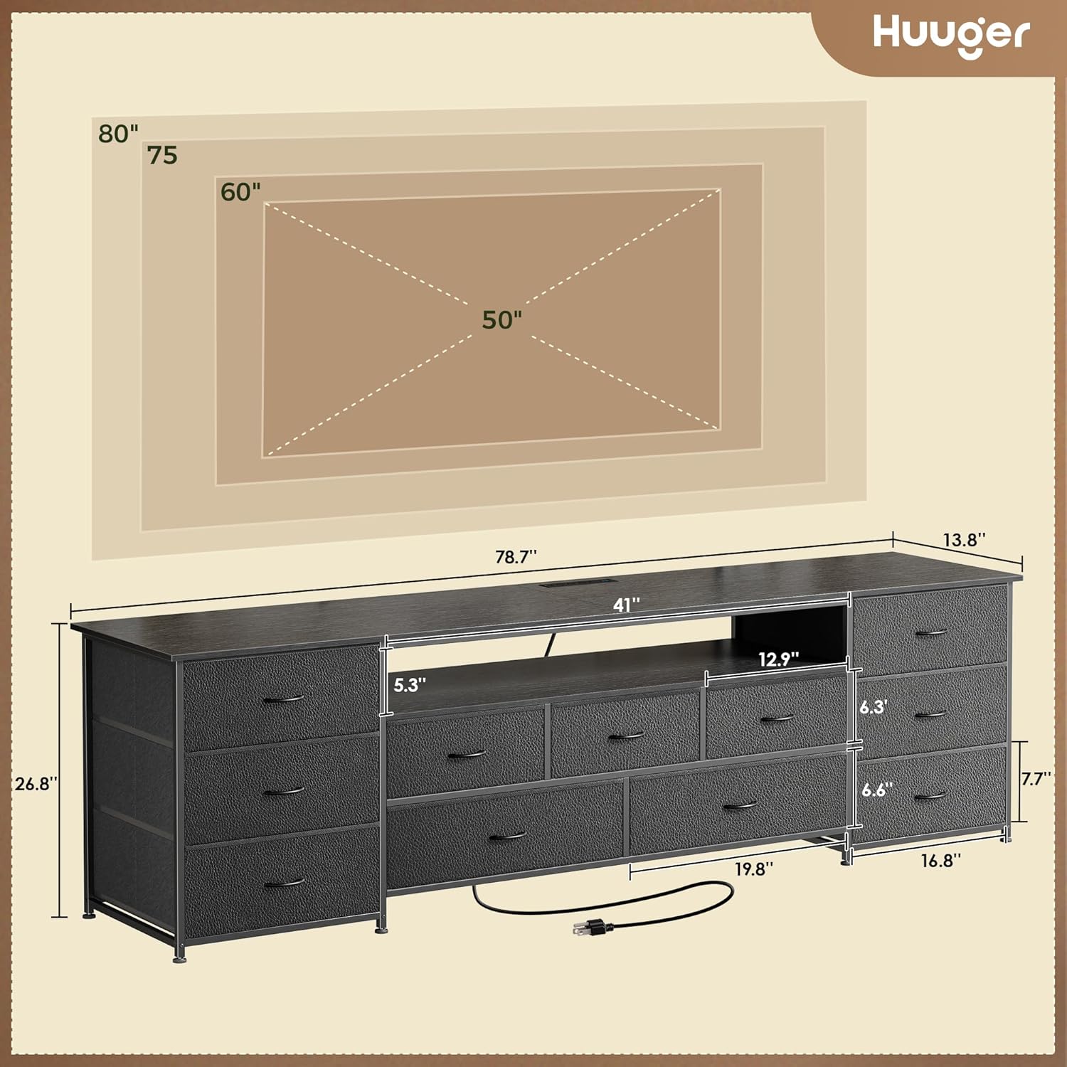 Huuger 78.7 Inch TV Stand for 75, 80 Inch TV, 11 Drawer Long Dresser with Power Outlets and LED Lights, Entertainment Center with Storage, Black Dresser with PU Leather Surface
