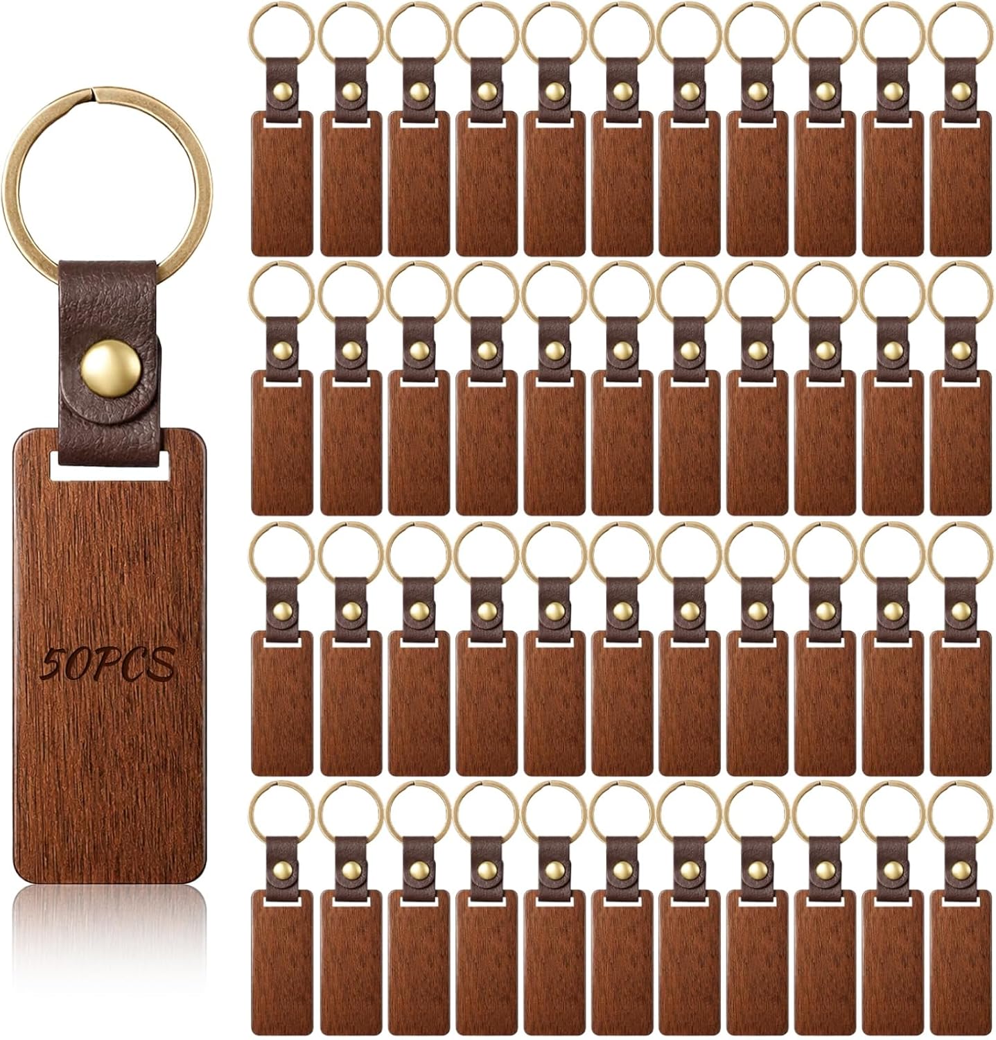 50 Pcs Wood Keychain Blank, Unfinished Laser Engraving Blanks with Key Rings, Rectangular Keychain Ring Tag with Leather Straps Wood Sign Bulk for DIY, Crafts Gift, Pet Tags