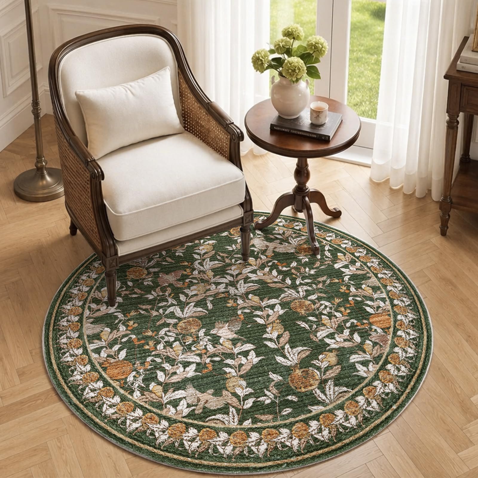 TOPICK Green Round Rugs for Living Room 120cm, Vintage Floral, Washable