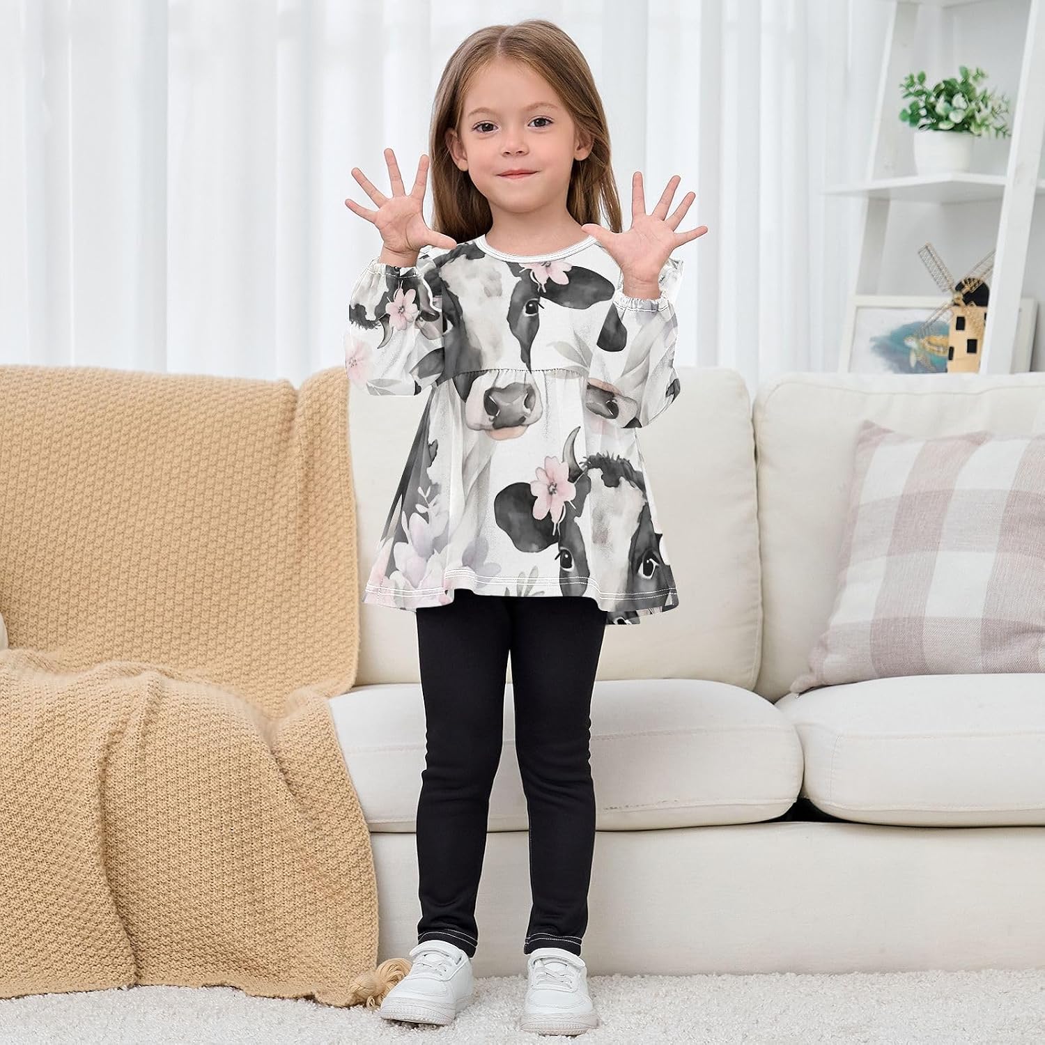 visesunny Toddler Clothes for Girls Cute Cow Peach Blossom Long Sleeve Fall Shirts Cotton Top with Ruffle Collar