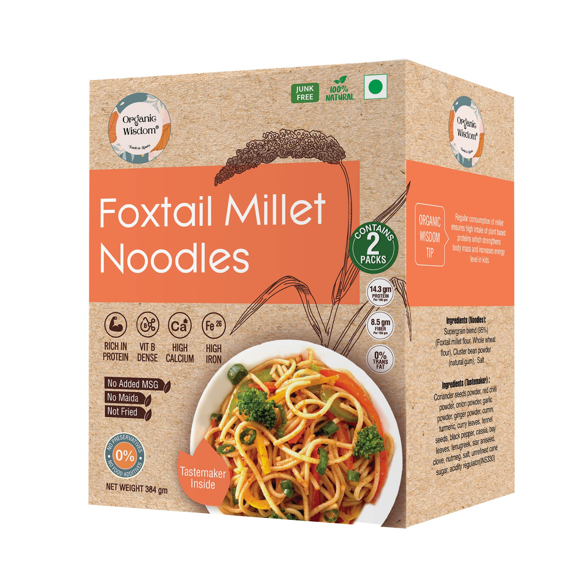 Organic Wisdom-Back to Roots Foxtail Noodles | 384 gm (Contains 2 Packs) | No MSG, No Maida, No Junk | Not Fried - Sun Dried | Rich in Protein & Vit B