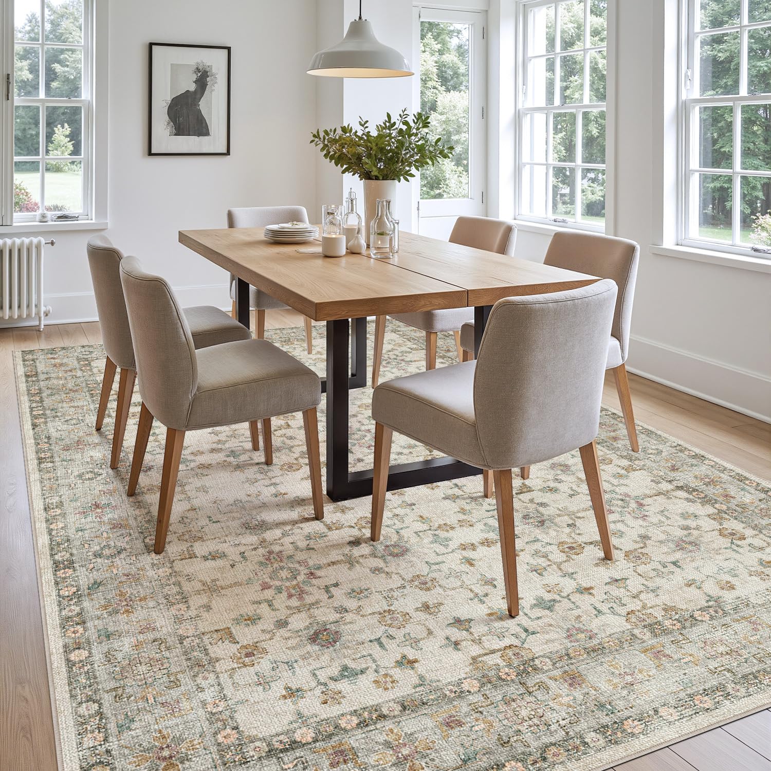DEXI Tappeti Salotto 244 x 305 cm, Antiscivolo Tappetino Disegno Floreale per Soggiorno, Assorbente Lavabile Tappeto Pelo Corto per Camera da Letto, Sala da Pranzo, Ufficio, Beige