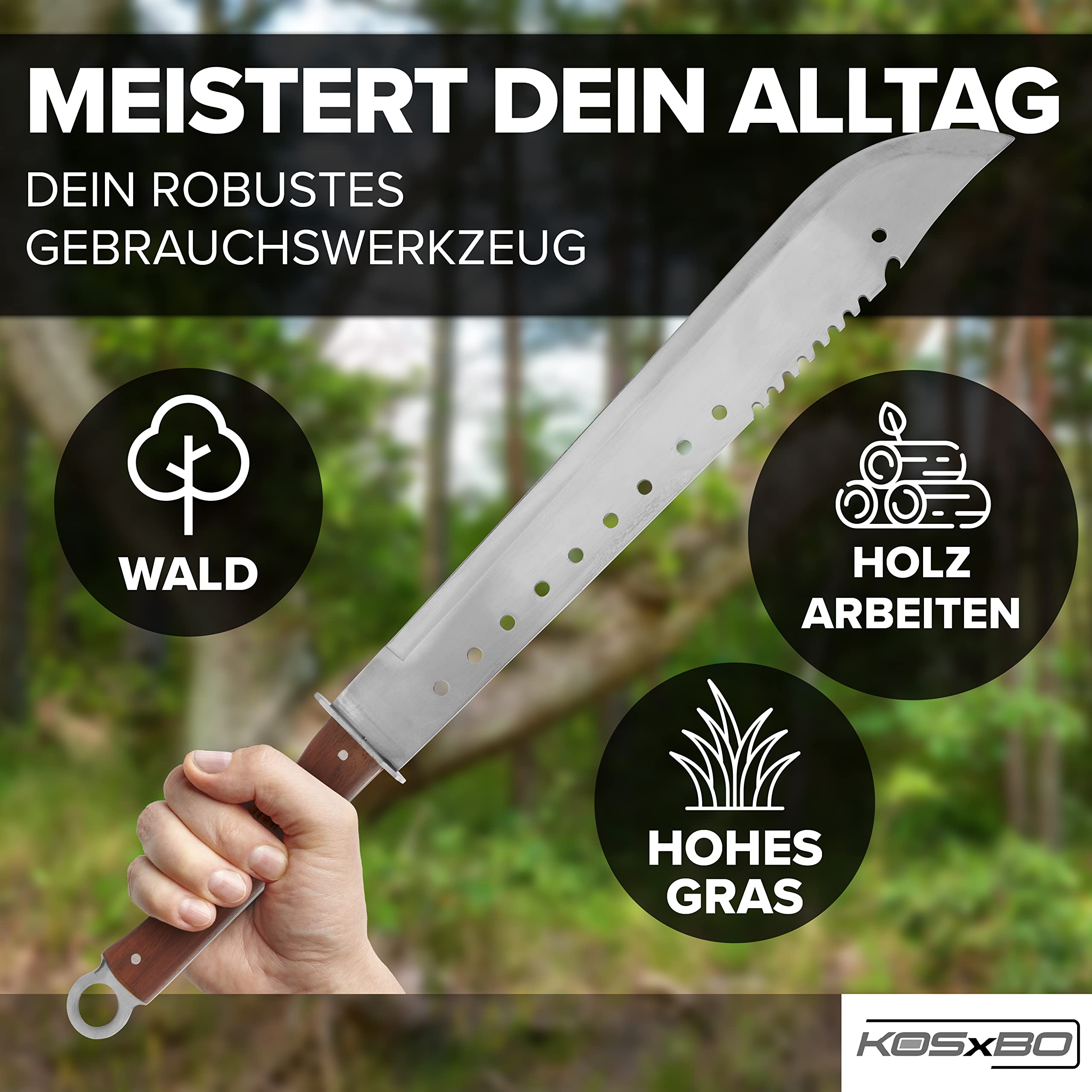 KOSxBO XXL SET Machete Survival 69 cm incl. Wurfmesser im FULL TANG Blade Style Zombie Dead Hunter Macheten Buschmesser aus Edelstahl, silber edelstahl rot holz braun