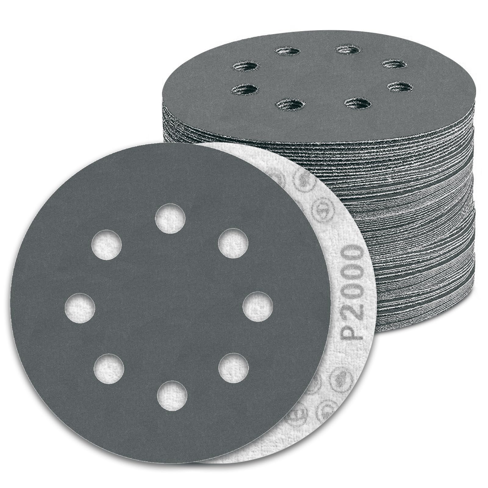 KONGMING 100 PCS 125mm Wet Dry Sanding Discs 8 Hole Grit 2000 Hook and Loop Silicon Carbide Sandpaper for Random Orbital Sander