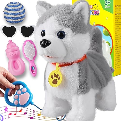 Marsjoy Husky Perro Caminante que Ladra para Niños Cachorro Robot Musical Interactivo Repite lo que Dices, Lengua Realista que Lame Cola que Menea
