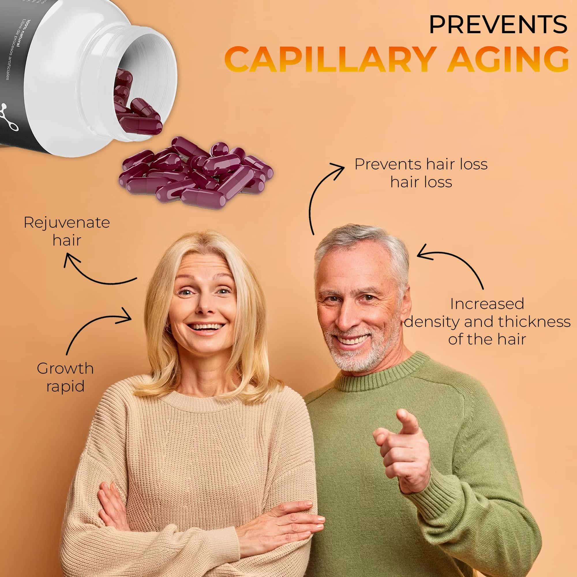 Vitaminas para el cabello, crecimiento de cabello fuerte y sano. Cápsulas crecimiento cabello. HAIR ENERGY, nuevo complejo vitamínico generador energía capilar. 60 cápsulas. Post trasplante capilar.