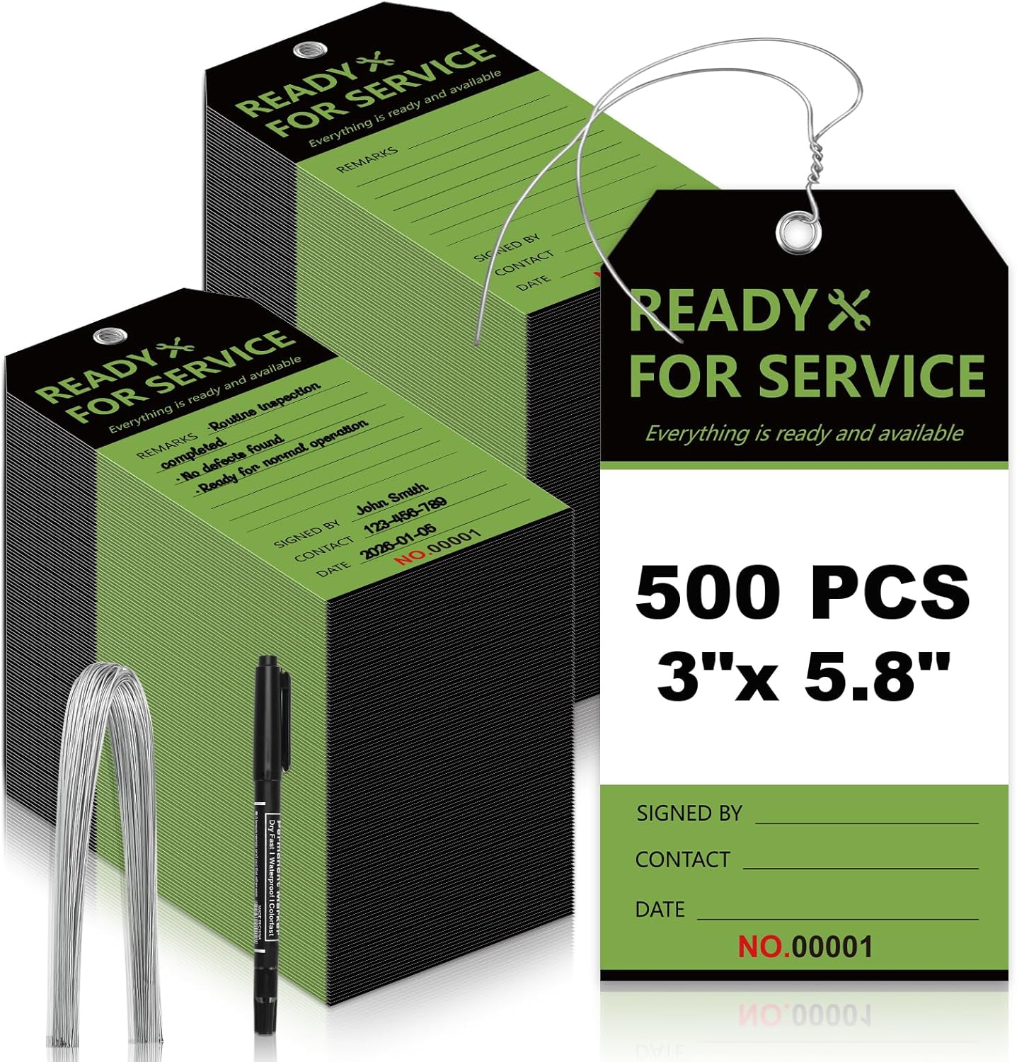 500 PCS Ready for Service Tags with Wire 3x5.8 Inch Serial Number Equipment Tags Black and Green Service Repair Tag for Machinery Office Warehouse