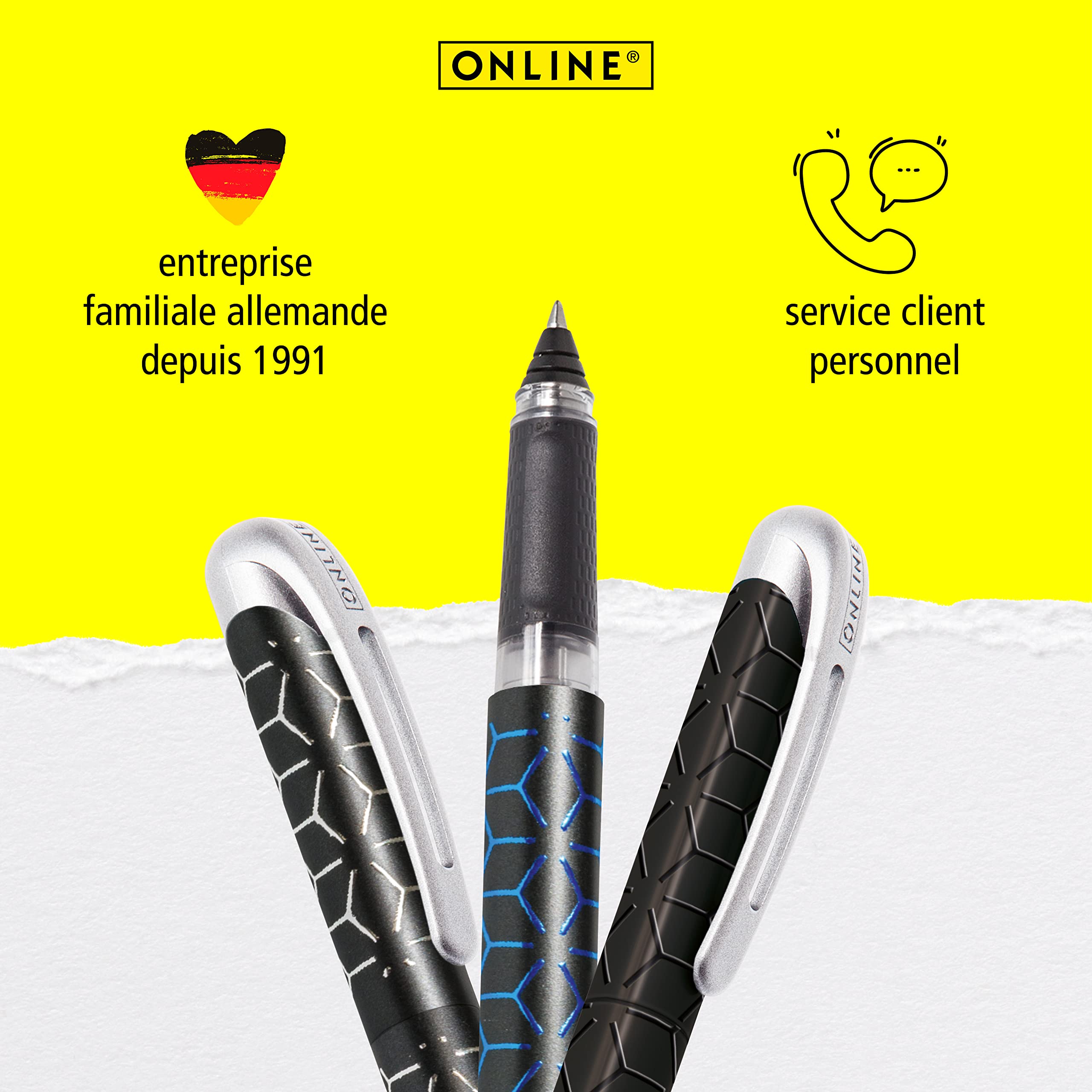 Stylo Roller Ergonomique ONLINE Metallic Bleu - Poignée Souple Magic Ball, Pour Gauchers/droitiers, Cartouches Standard