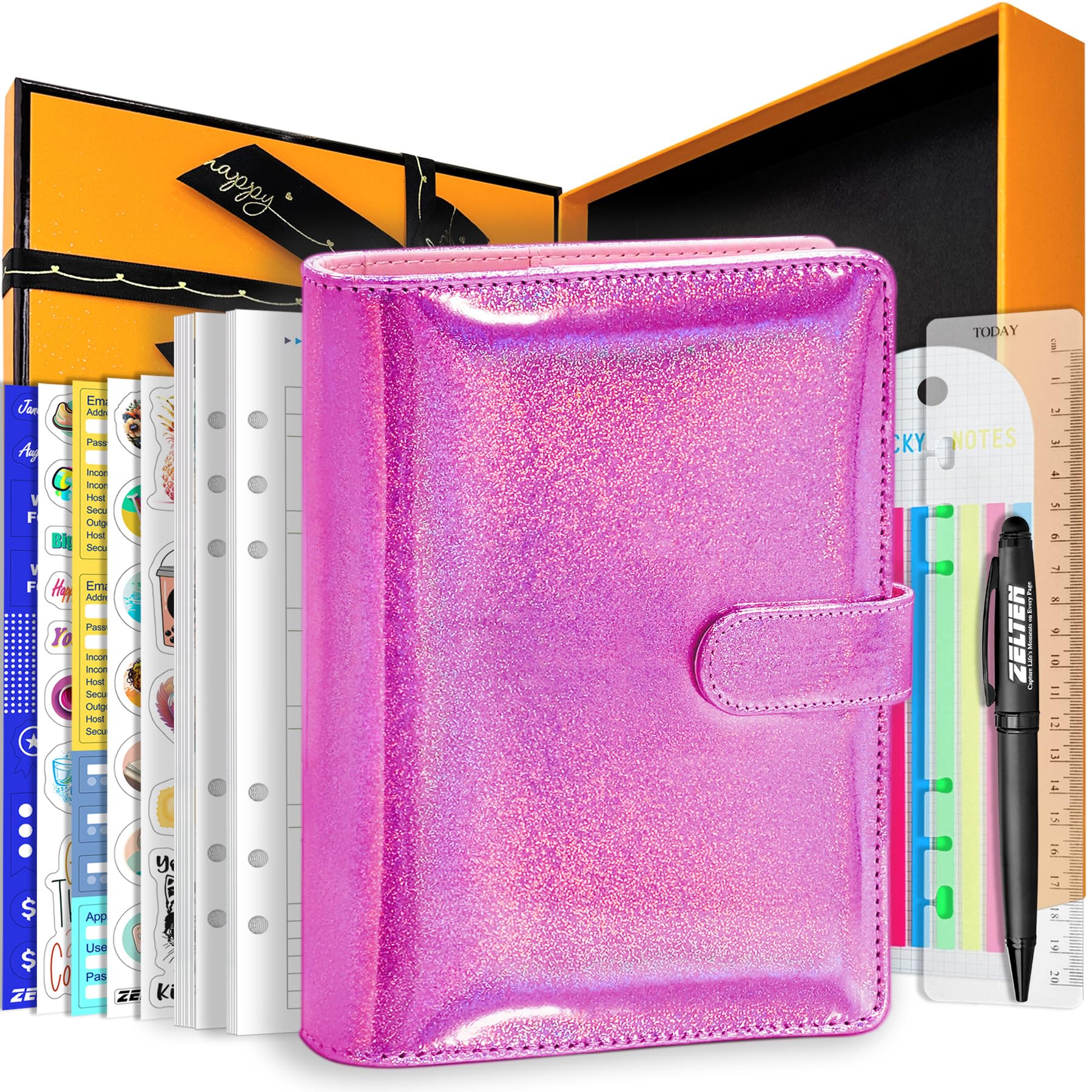 PU Leather Personal Notebook Planner with 67 Pages Loose-Leaf Papers 6 Holes Ring Binder Pen Holder Magnetic Buckle (Magenta Glitter,A5 Gift Box)
