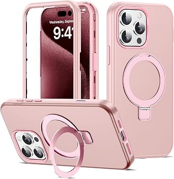 Compatible with iPhone 15 Pro Case 6.1with Magnetic Ring Stand [Military Drop Protection][Compatible with Mag-Safe] Shockproof 15 Pro Phone Case for Men Wowen,Rose Gold