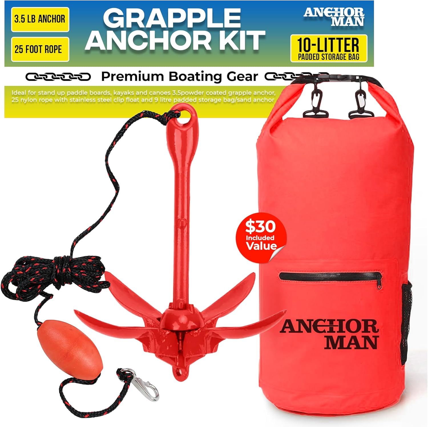 Anchor-Man 3.5 LB Folding Kayak Complete Grapnel Anchor - 10L Storage Kayak Anchor - Mushroom Anchor, Jet Ski Anchor Kit with 25 Feet Rope | Ideal for Boats, Paddle Board Anchor and Fishing