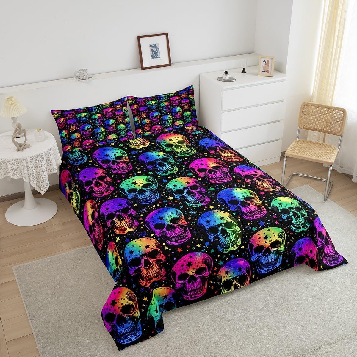 Gothic Skull Bedding Set King Sugar Skull Print Bedding Comforter Sets Rainbow Gradient Galaxy Duvet Insert Colorful Glitter Stars Quilted Comforter Boys Girls Kids Teens Halloween Room Decor