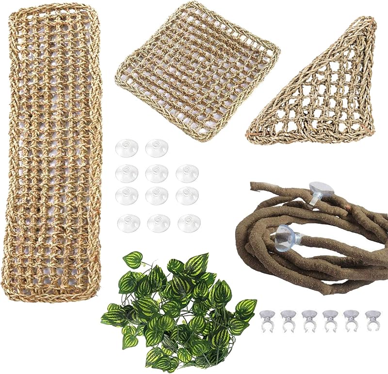 Hammocks para Répteis em Fibra Natural de Seagrass com Cipó Flexível e Folhas PINVNBY, Conjunto com 3